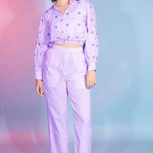 Beautiful Lavender Cotton Fabric Self Design Work Ready To Wear Co-Ord Collection