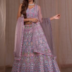 Lavender Mirrorwork Net Readymade Lehenga