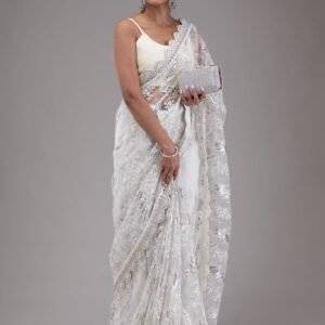 White Threadwork Net Saree