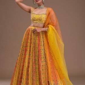 Yellow Cutdana Crepe Readymade Lehenga