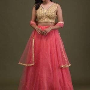 Yellow Mirrorwork Net Readymade Lehenga