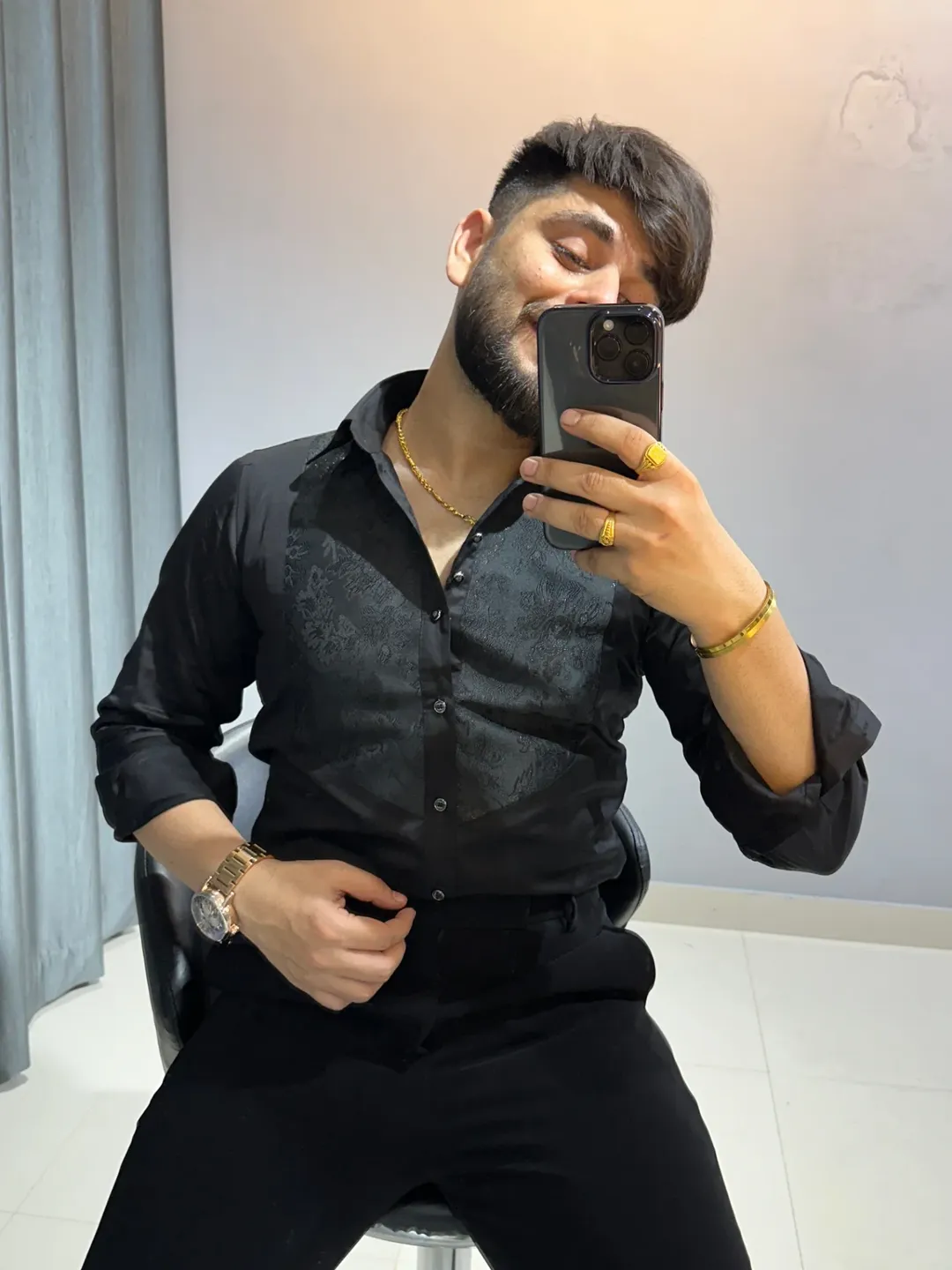 Luxury Black Designer Shirt for Men | Gold Embroidered Partywear Shirt - Image 3