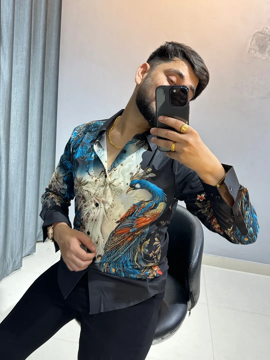 Luxury Black Designer Shirt for Men | Gold Embroidered Partywear Shirt Colour - Image 3